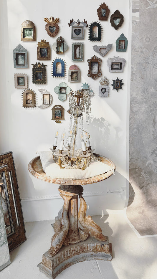 ART OBJECT: Small oil painting of desert plant life housed in Mexican tin frame