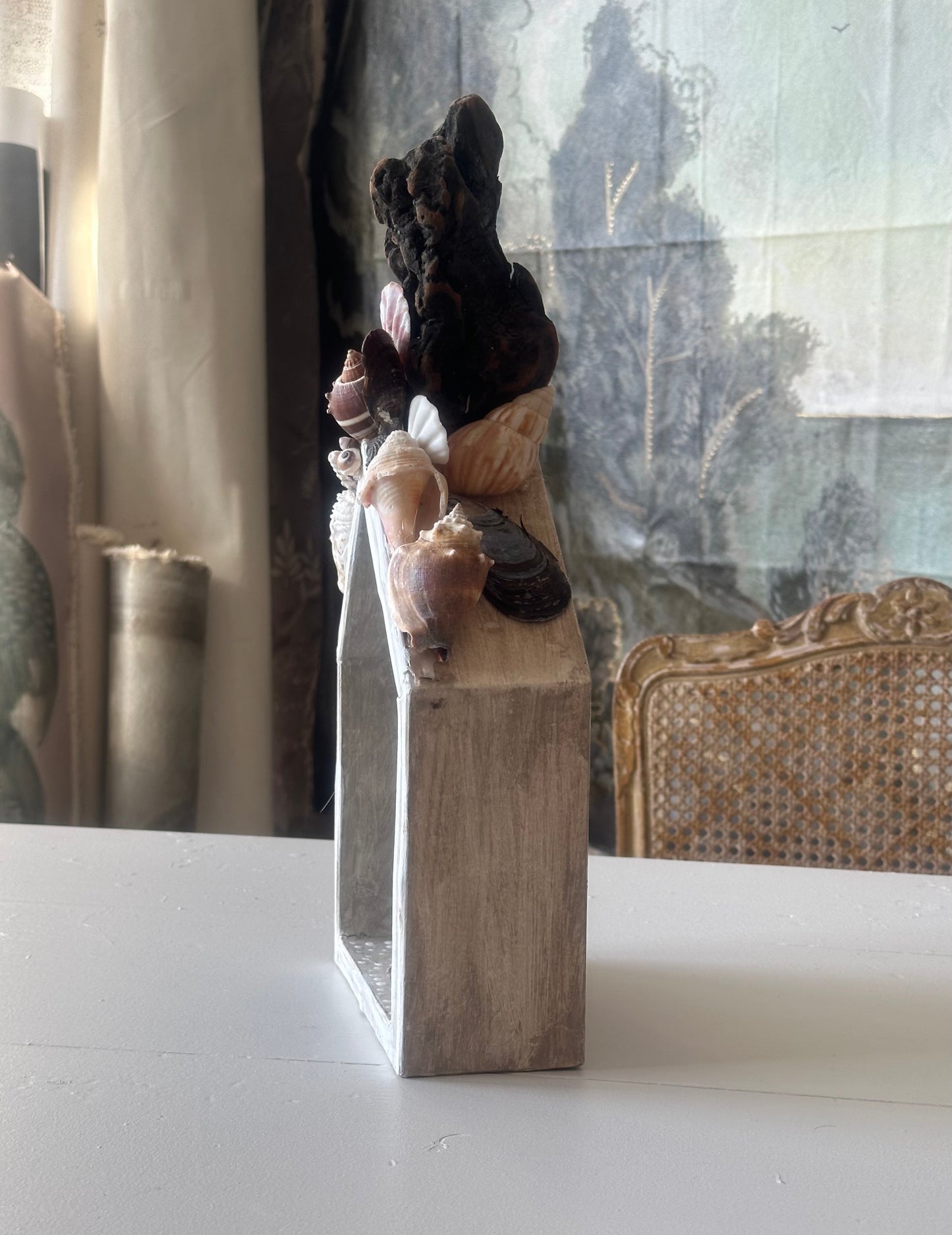 "Porthole 2024" 17"X7"X3" Paper Mache Sculpture with Seashells and an Oil Painting