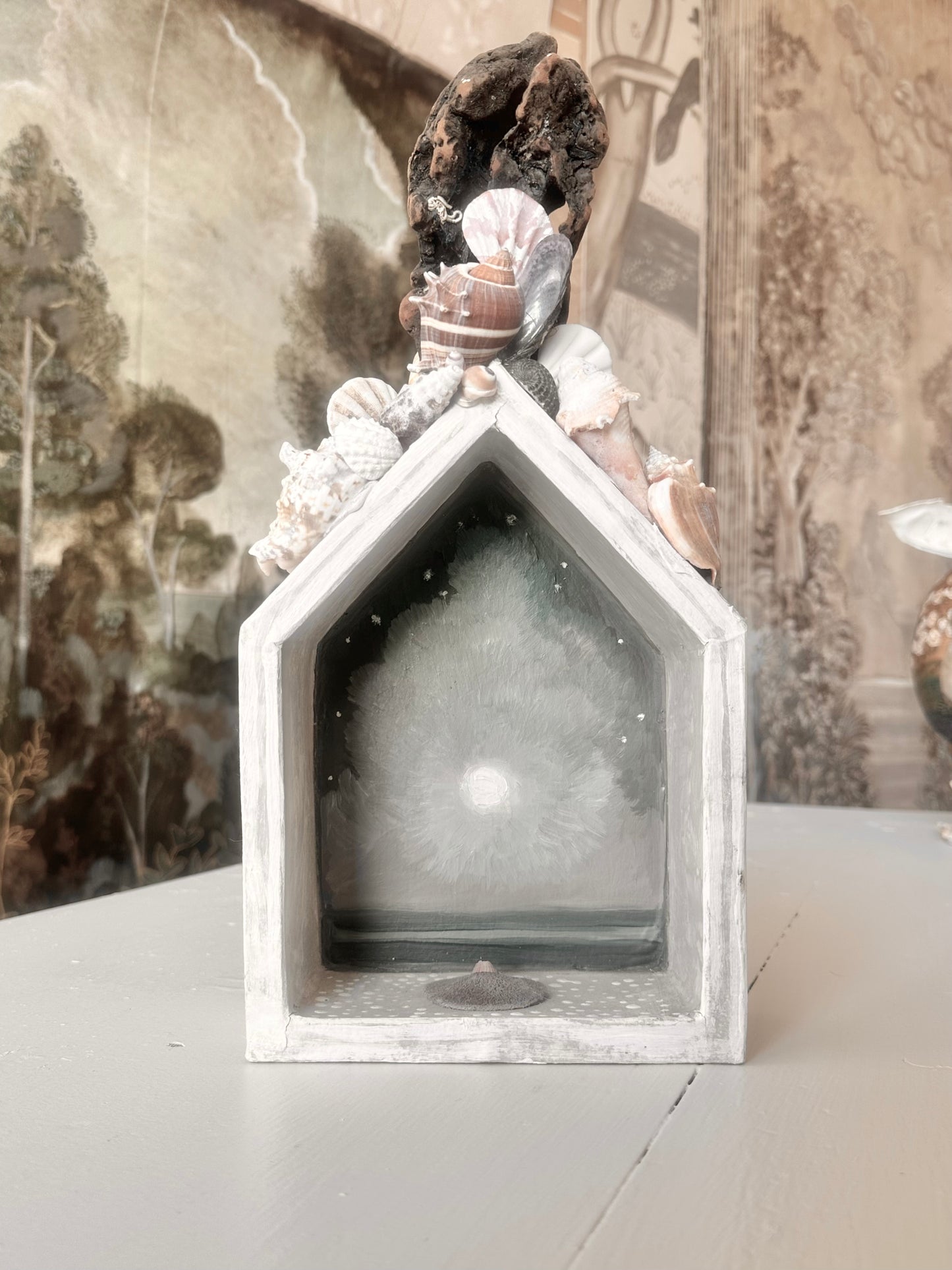 "Porthole 2024" 17"X7"X3" Paper Mache Sculpture with Seashells and an Oil Painting