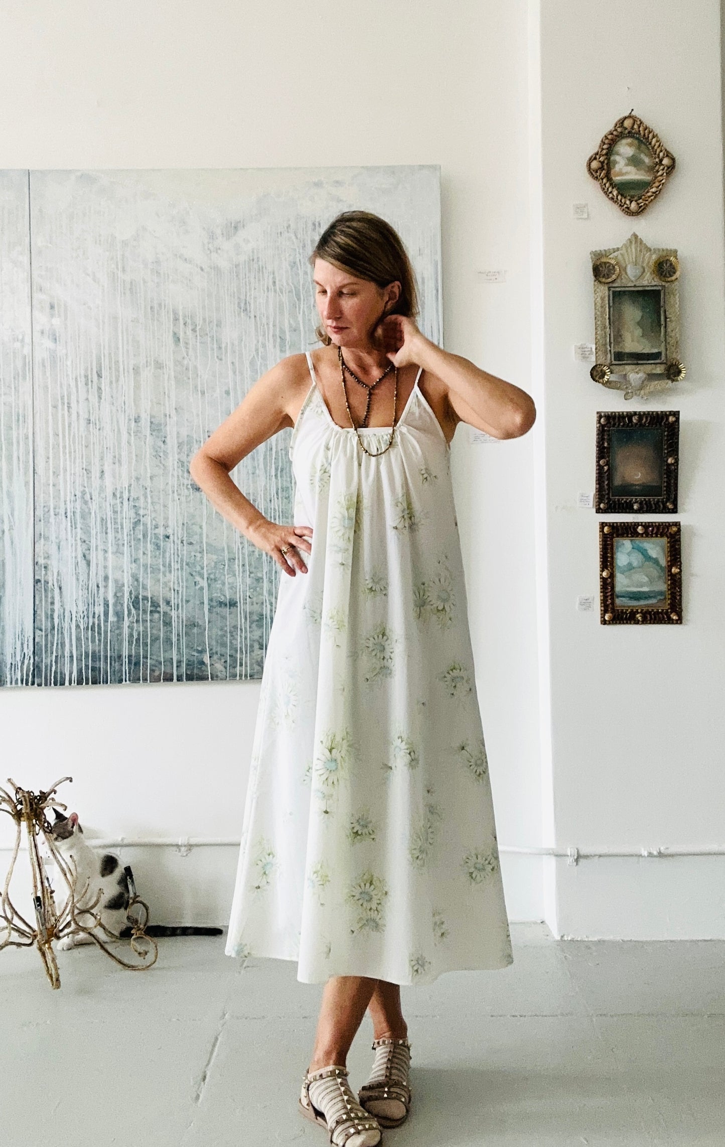 The "COLETTE" Dress (vintage white and blue daisy fabric)