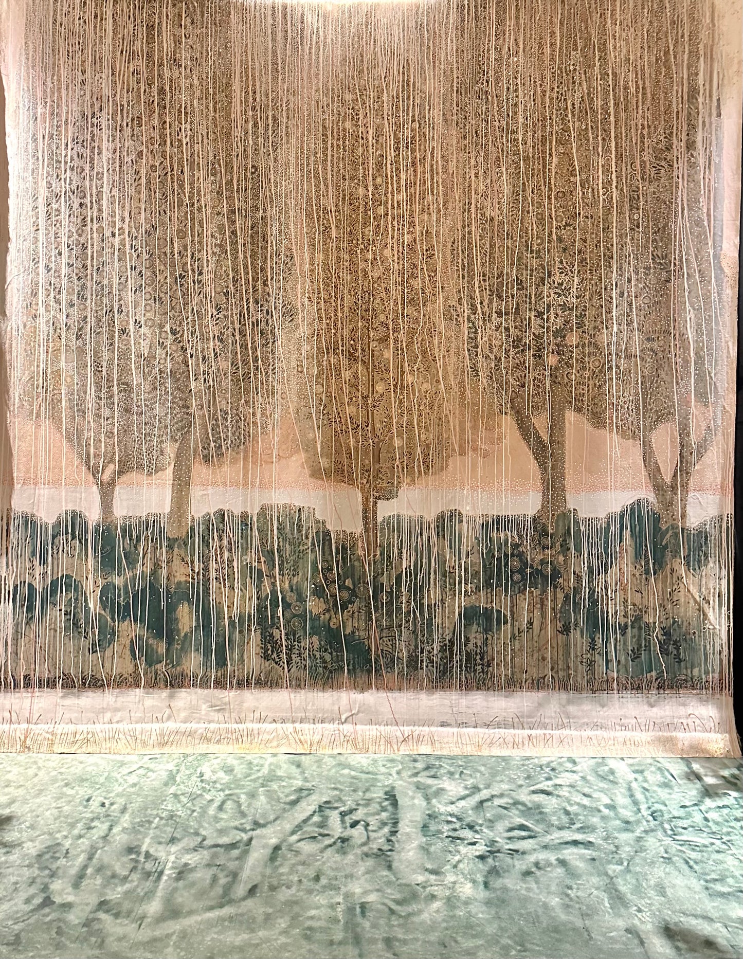 "Paradiso" Painting of Trees, foliage, horizon line of the sea on loose canvas