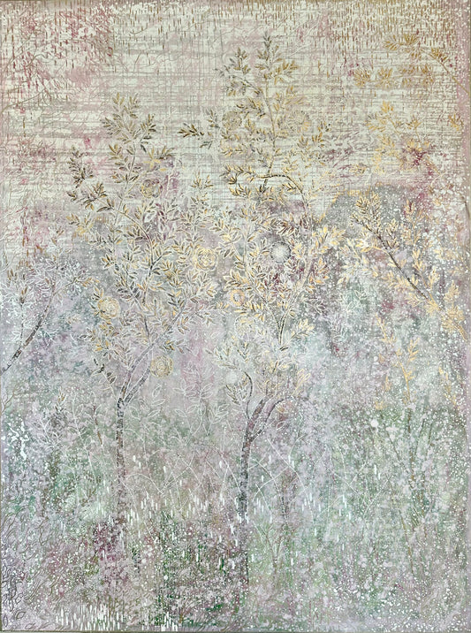 FOR ERIN : "Francine's Garden" 8 ft x 6 ft oil on canvas abstract chinoiserie painting in pink and green