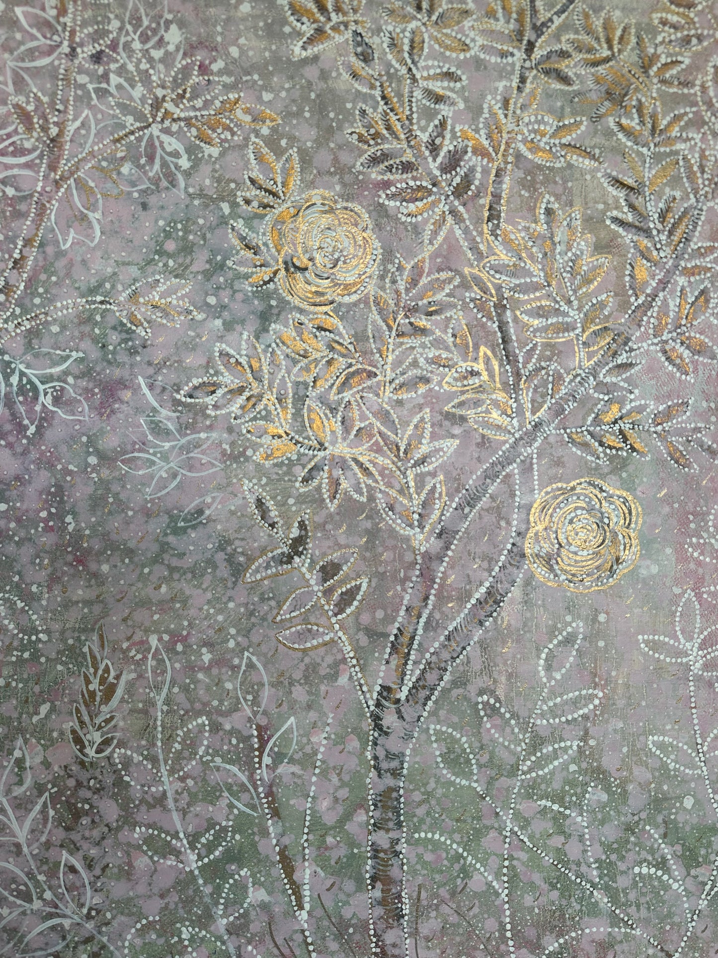 FOR ERIN : "Francine's Garden" 8 ft x 6 ft oil on canvas abstract chinoiserie painting in pink and green