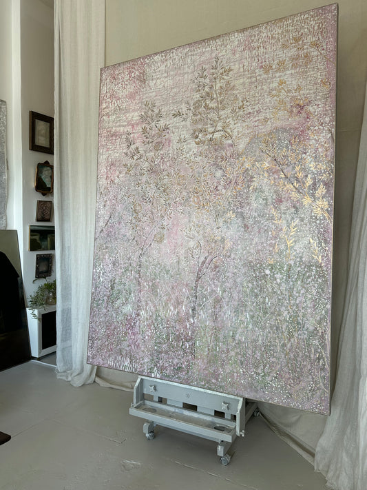 FOR ERIN : "Francine's Garden" 8 ft x 6 ft oil on canvas abstract chinoiserie painting in pink and green