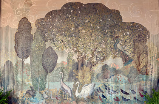 "Primavera" a large scale painting of a vibrant garden on loose canvas