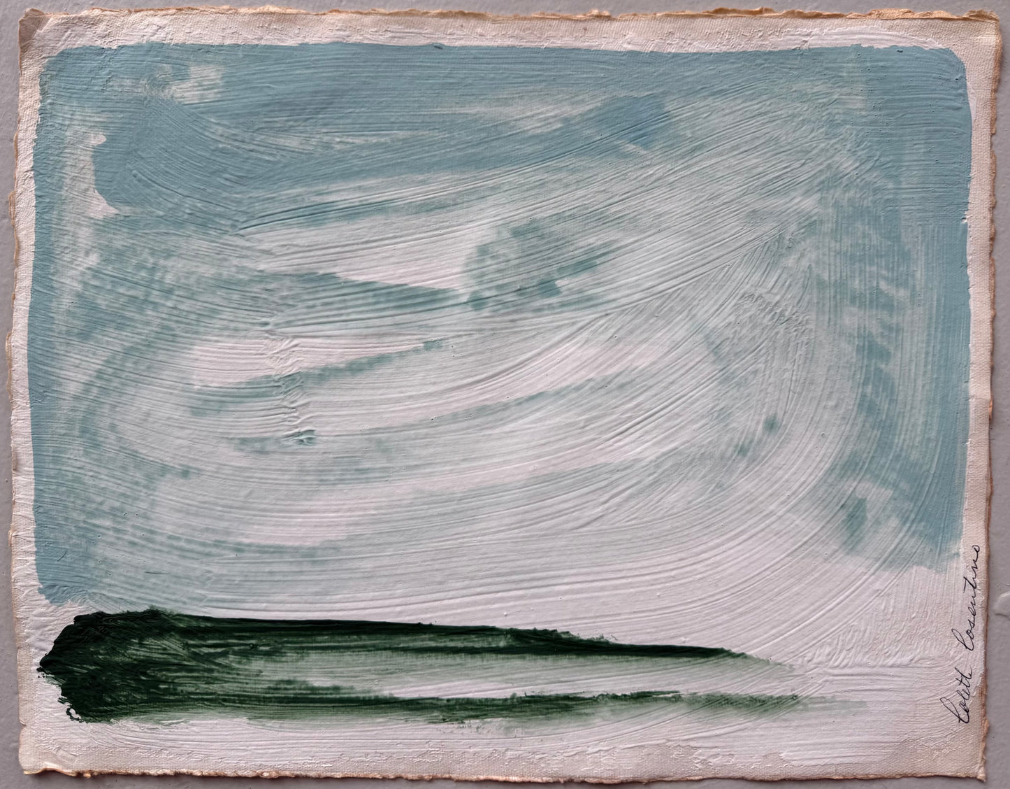 "Green Pastures VII" minimalist landscape in green, blue and white