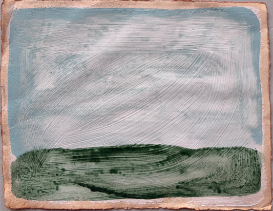 "Green Pastures III" a simple abstract landscape in blue, white and green