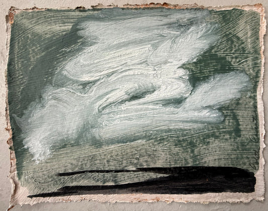 "Message" moody landscape with clouds in dusty blue green