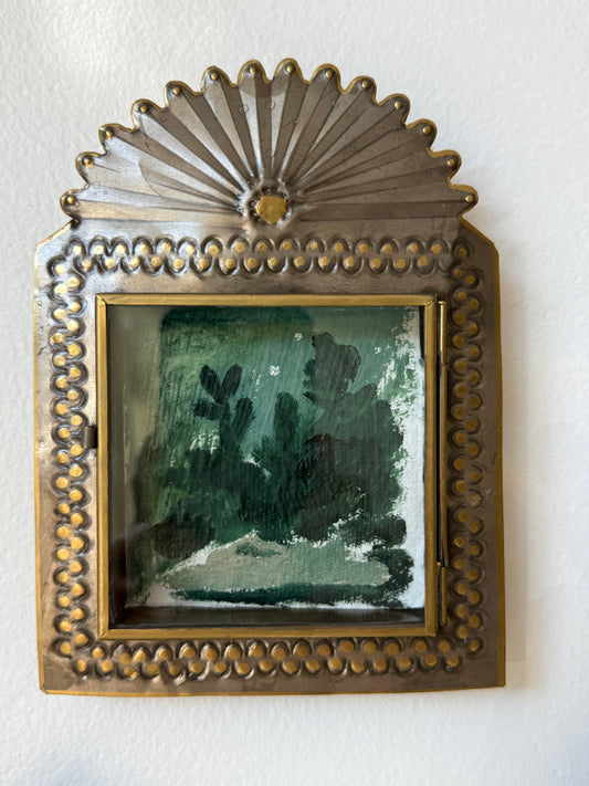 ART OBJECT: Small oil painting of desert plant life housed in Mexican tin frame