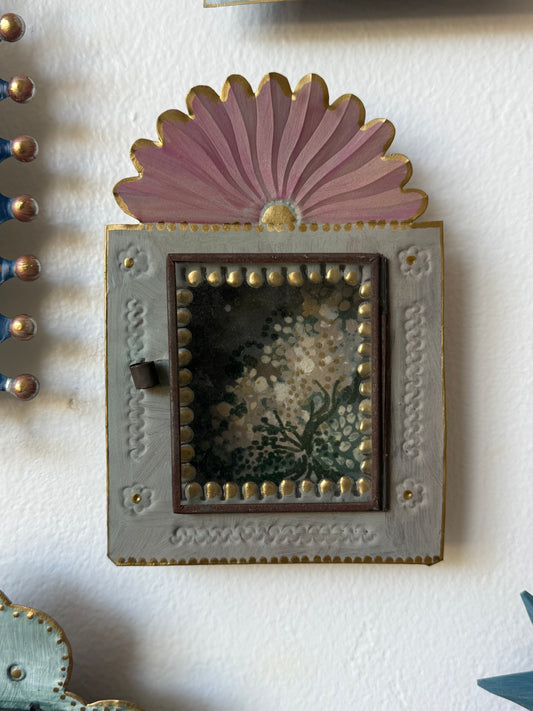 ART OBJECT: oil painting of flowering foliage within a Mexican tin frame