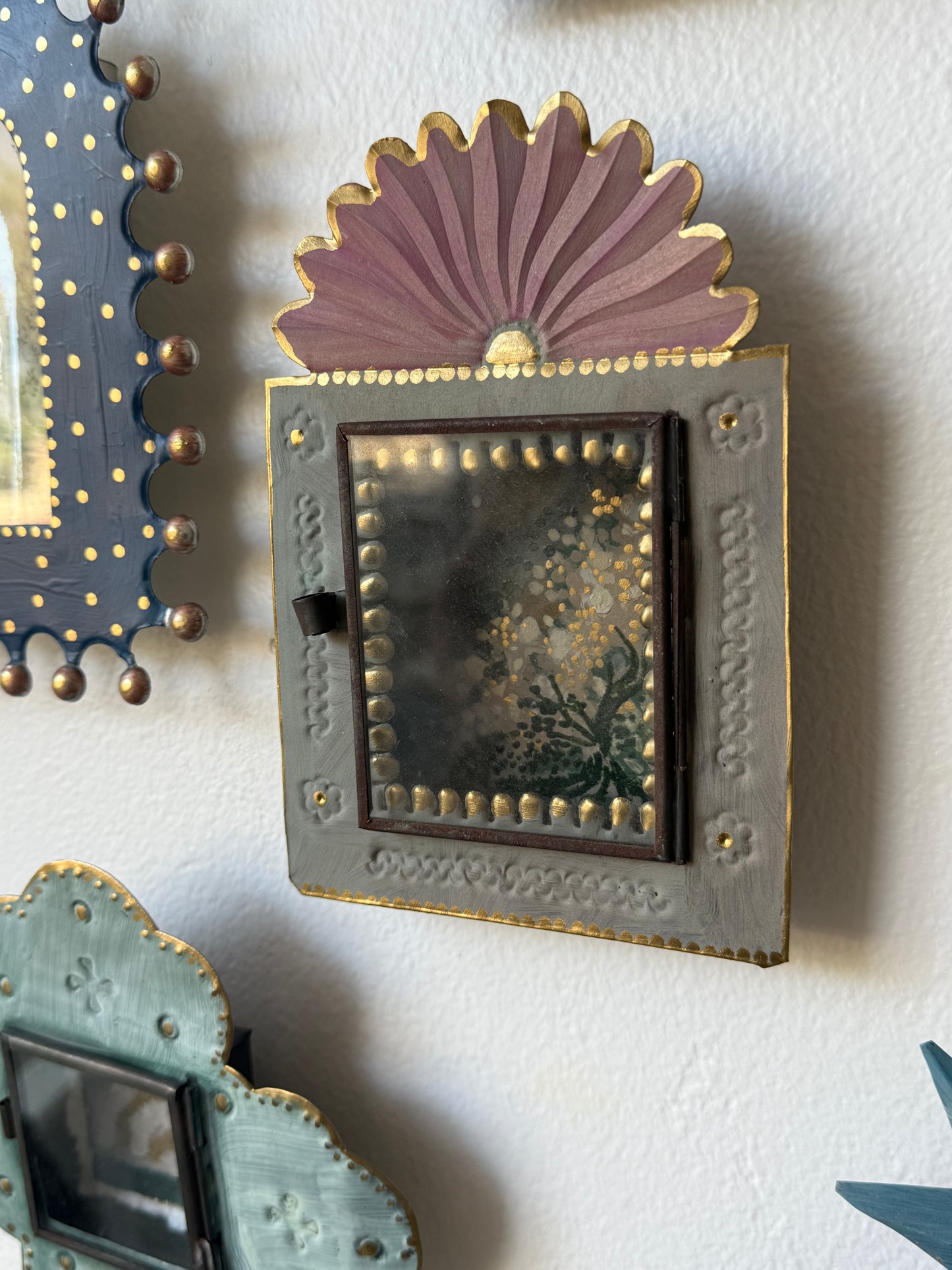 ART OBJECT: oil painting of flowering foliage within a Mexican tin frame