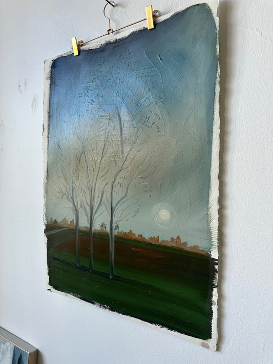 "Eastern Line" landscape oil painting on watercolor paper of trees with moon rising