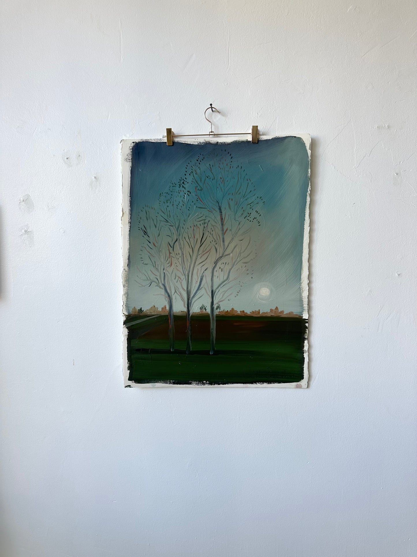 "Eastern Line" landscape oil painting on watercolor paper of trees with moon rising