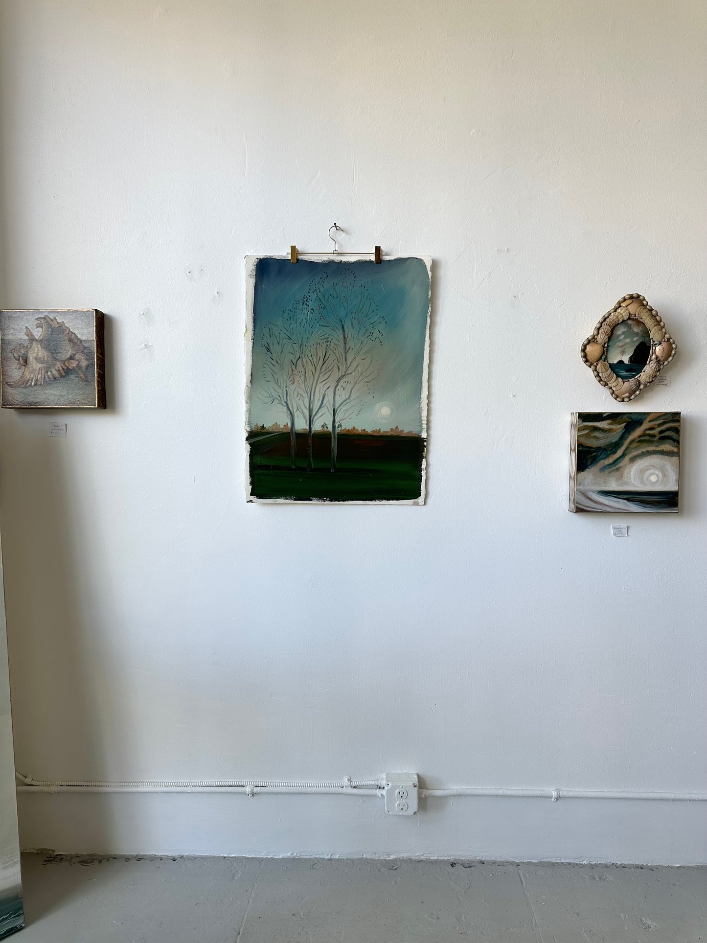 "Eastern Line" landscape oil painting on watercolor paper of trees with moon rising