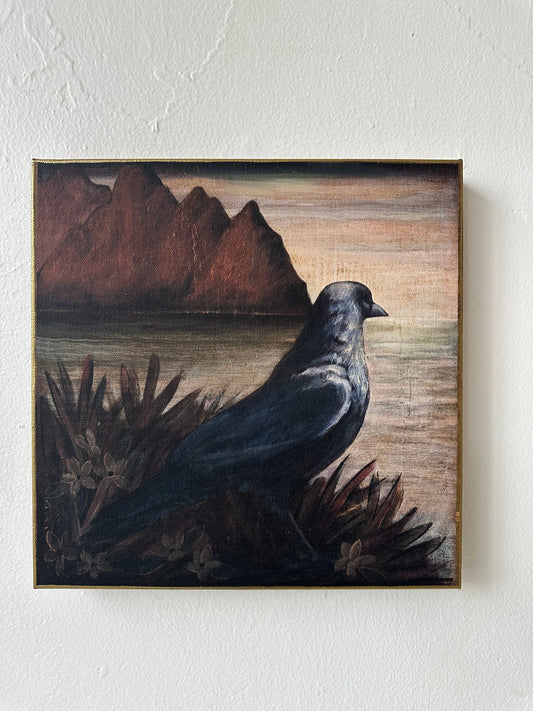 "Watchful" 12" x 12" fine art print on canvas depicting a blackbird looking out to sea