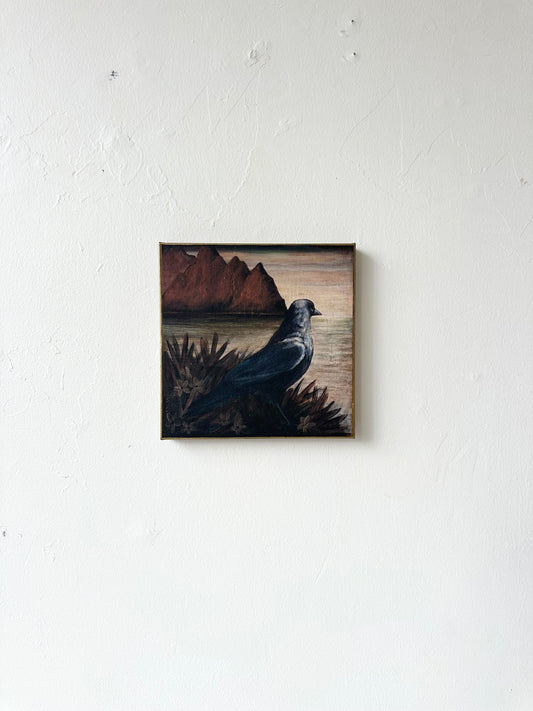 "Watchful" 12" x 12" fine art print on canvas depicting a blackbird looking out to sea