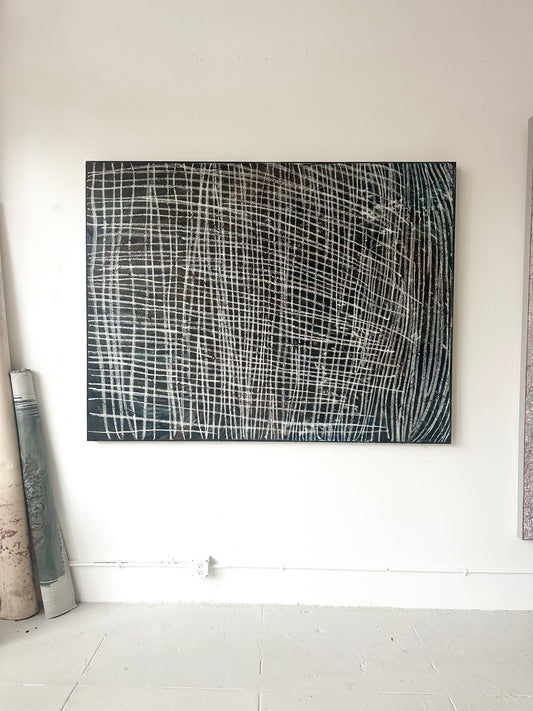 "Ties" black and white abstract oil painting on canvas