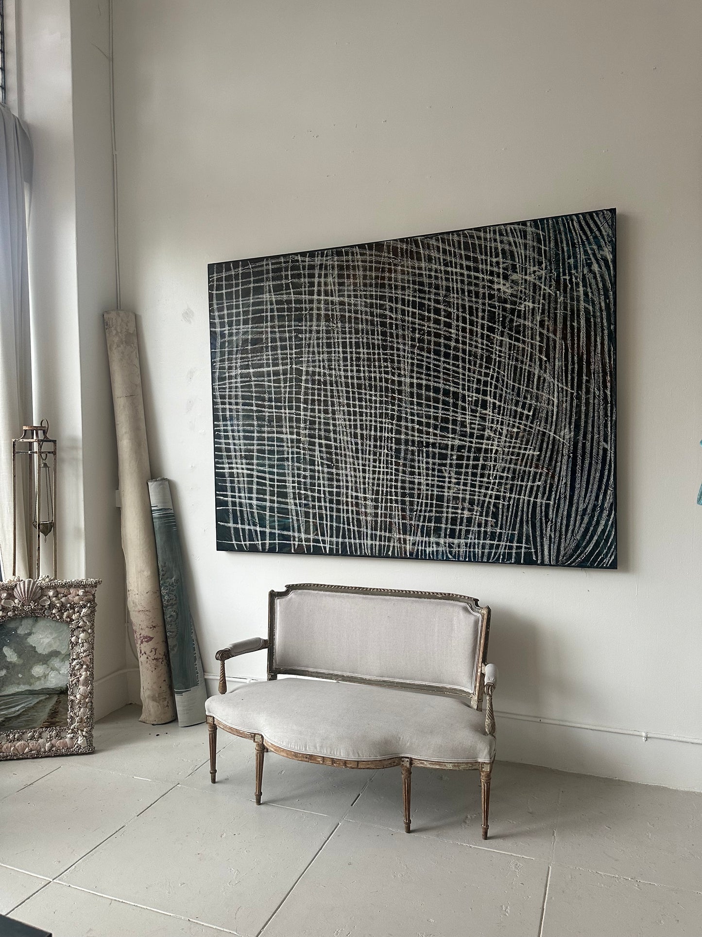 "Ties" black and white abstract oil painting on canvas