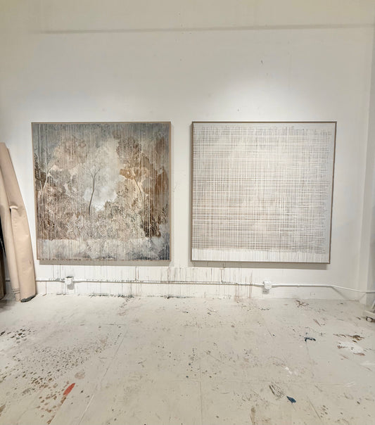 "Paradise" 84" x 84" detailed landscape in gray and beige tones