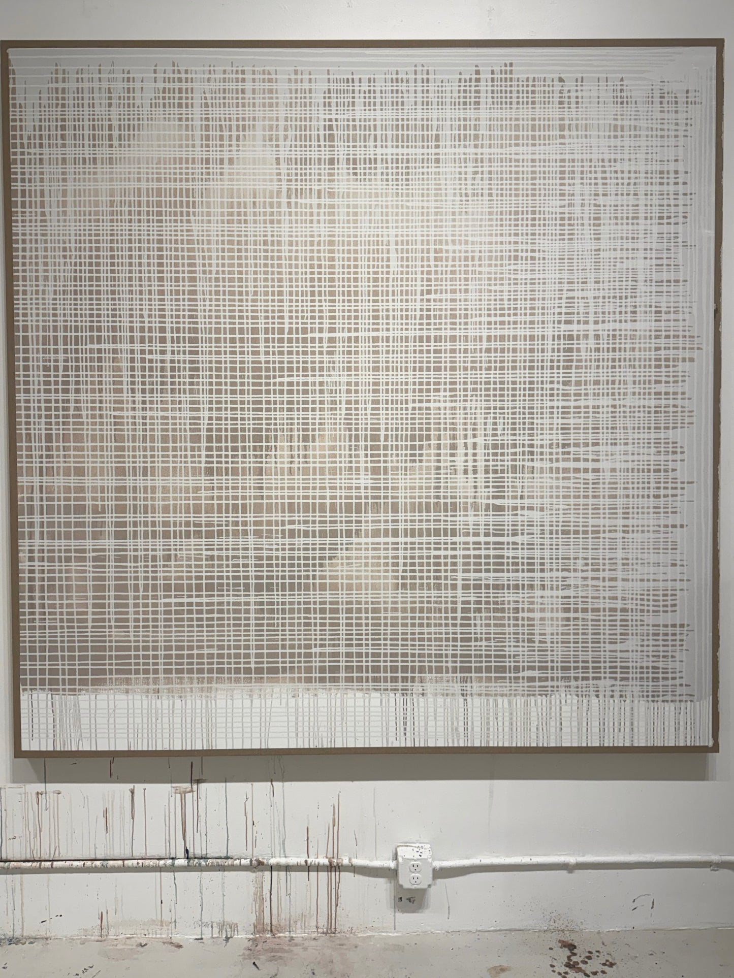 "Frequency" 84" x 84" abstract in beige and white on Belgian linen