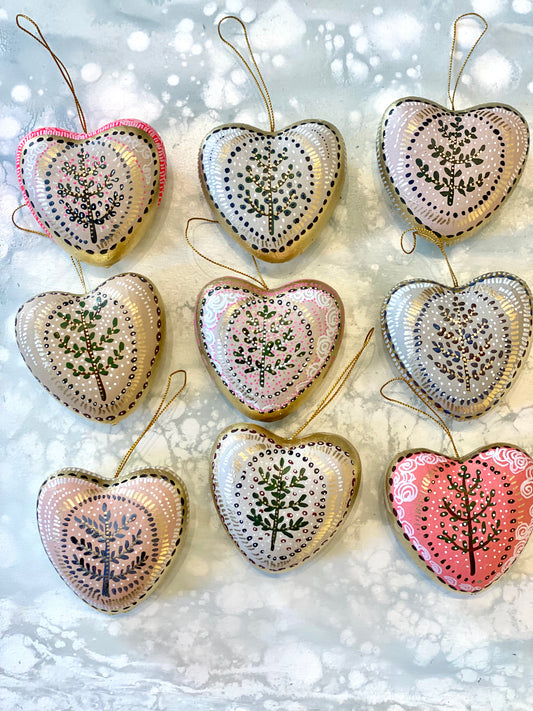 Tree of Life Hand Painted Holiday Ornament, Heart Shaped