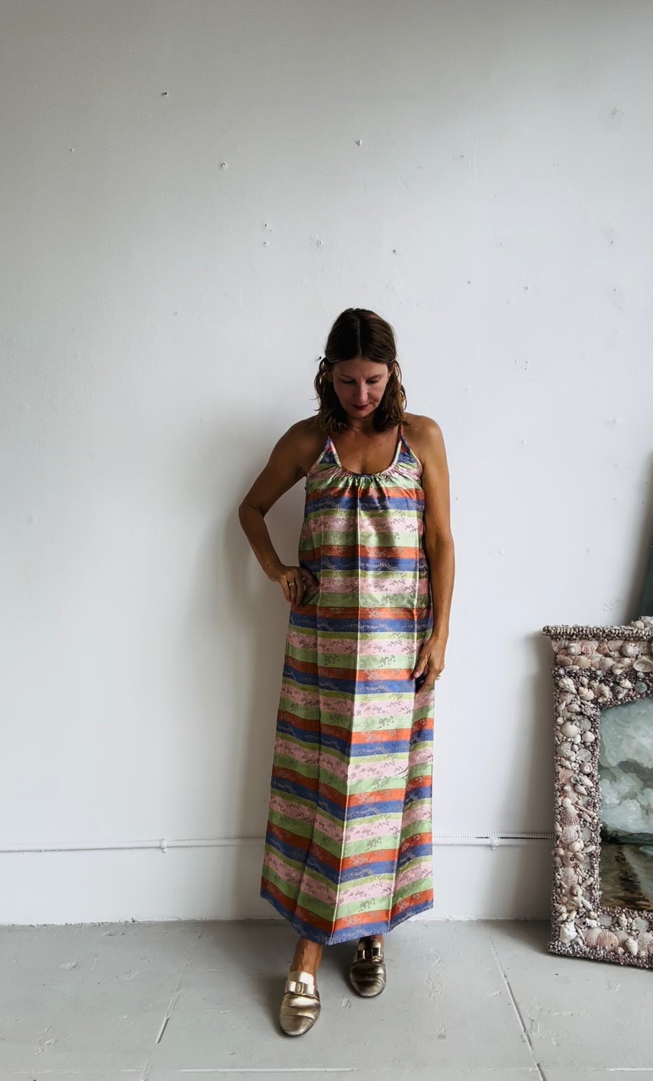 The CASTELLO GOWN (100% reversible) Floor Length Champagne print and Stripes