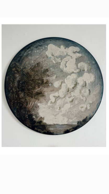 "Mysteries of Life" moody and magical landscape on round canvas