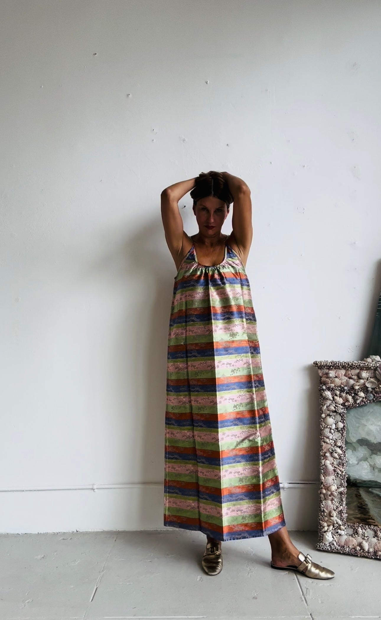 The CASTELLO GOWN (100% reversible) Floor Length Champagne print and Stripes