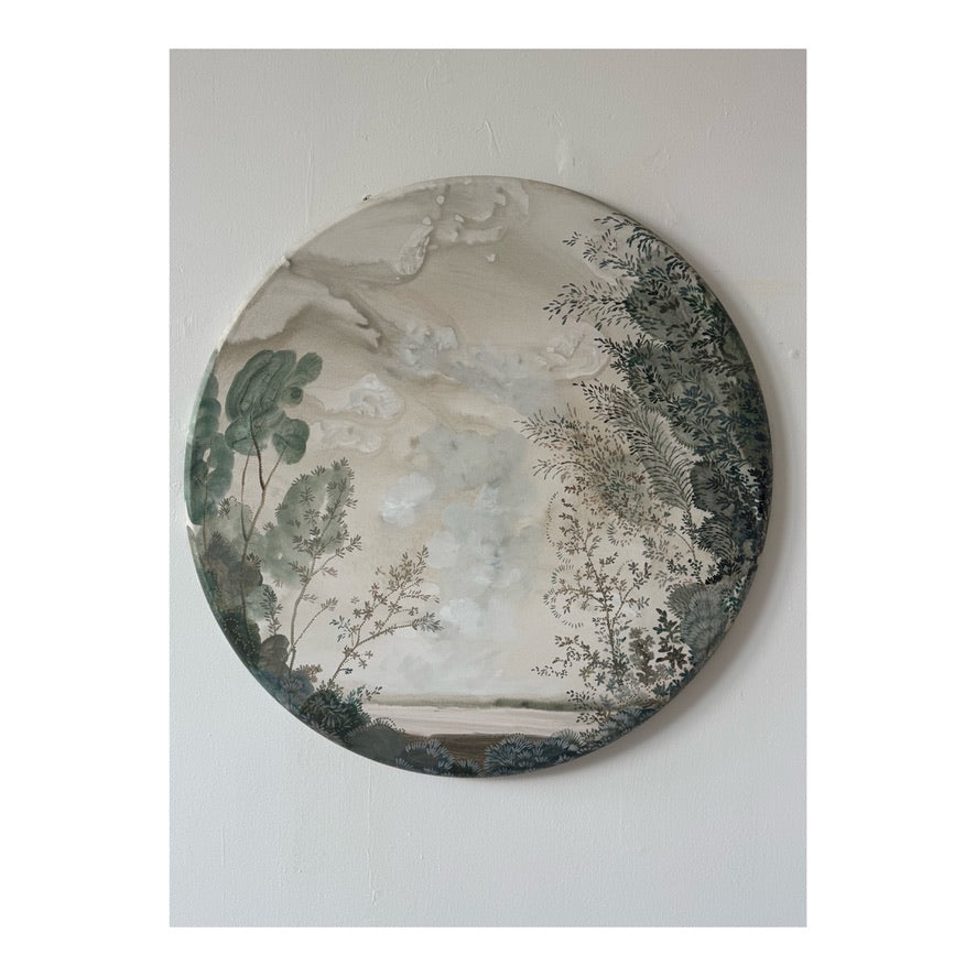 "The Day is New" round landscape overlooking the sea