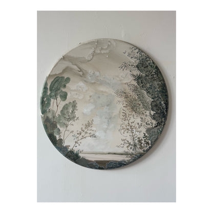 "The Day is New" round landscape overlooking the sea