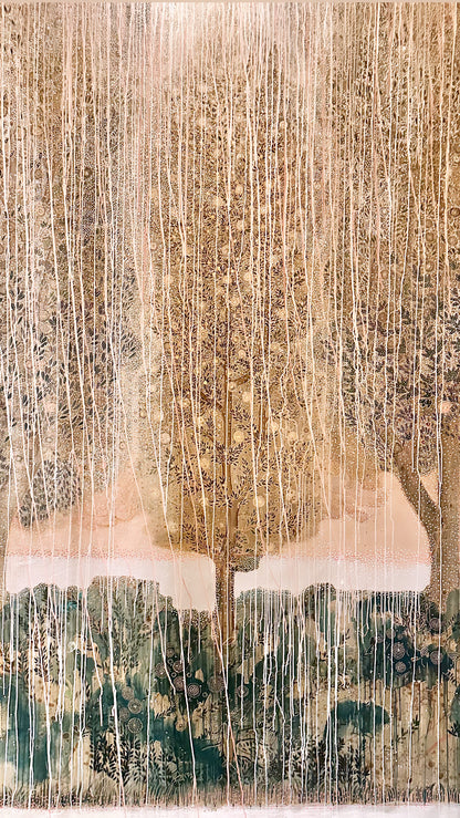 "Paradiso" Painting of Trees, foliage, horizon line of the sea on loose canvas