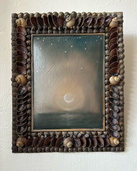 "Crescent Moon Nocturne" seascape oil painting in seashell frame