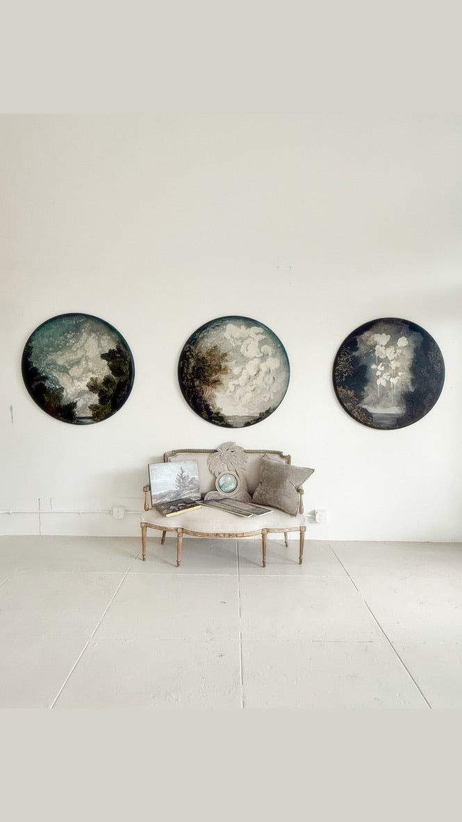 "Mysteries of Life" moody and magical landscape on round canvas