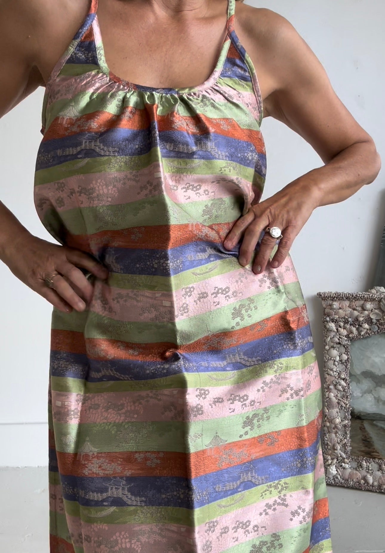 The CASTELLO GOWN (100% reversible) Floor Length Champagne print and Stripes