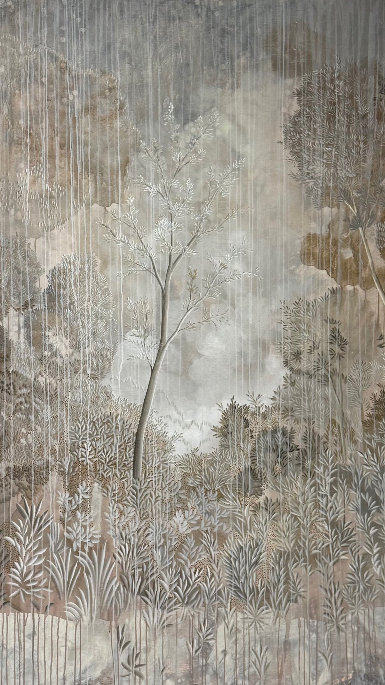 "Paradise" 84" x 84" detailed landscape in gray and beige tones
