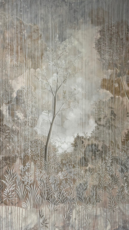 "Paradise" 84" x 84" detailed landscape in gray and beige tones