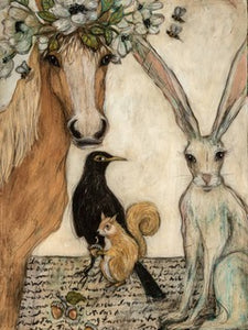 "Chula Y Sus Amigos" 24" x 18" acrylic and pencil on tin Horse, black bird, rabbit) by Erika Carter