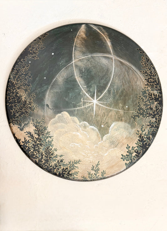 "Mysteries of Life" moody and magical landscape on round canvas