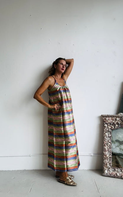 The CASTELLO GOWN (100% reversible) Floor Length Champagne print and Stripes