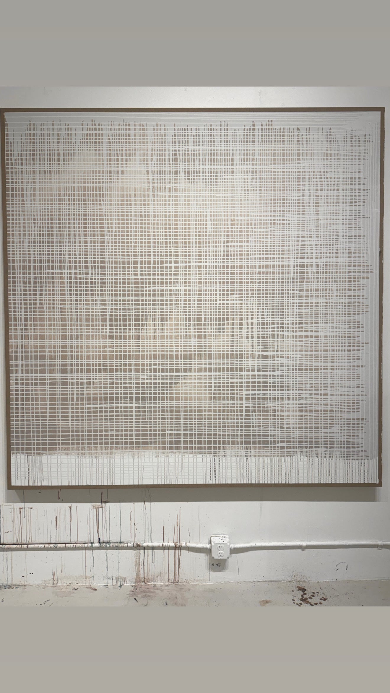 "Frequency" 84" x 84" abstract in beige and white on Belgian linen