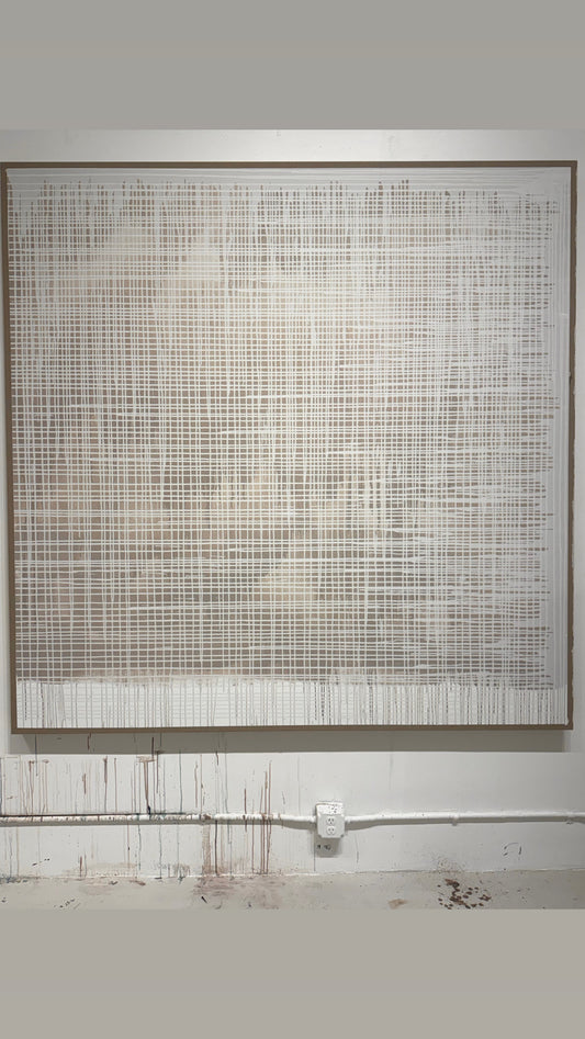 "Frequency" 84" x 84" abstract in beige and white on Belgian linen