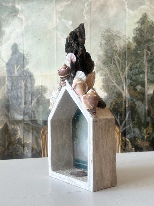 "Porthole 2024" 17"X7"X3" Paper Mache Sculpture with Seashells and an Oil Painting