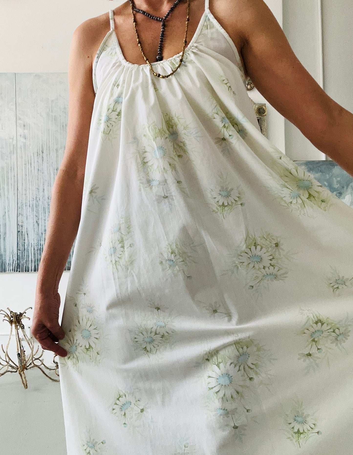 The "COLETTE" Dress (vintage white and blue daisy fabric)