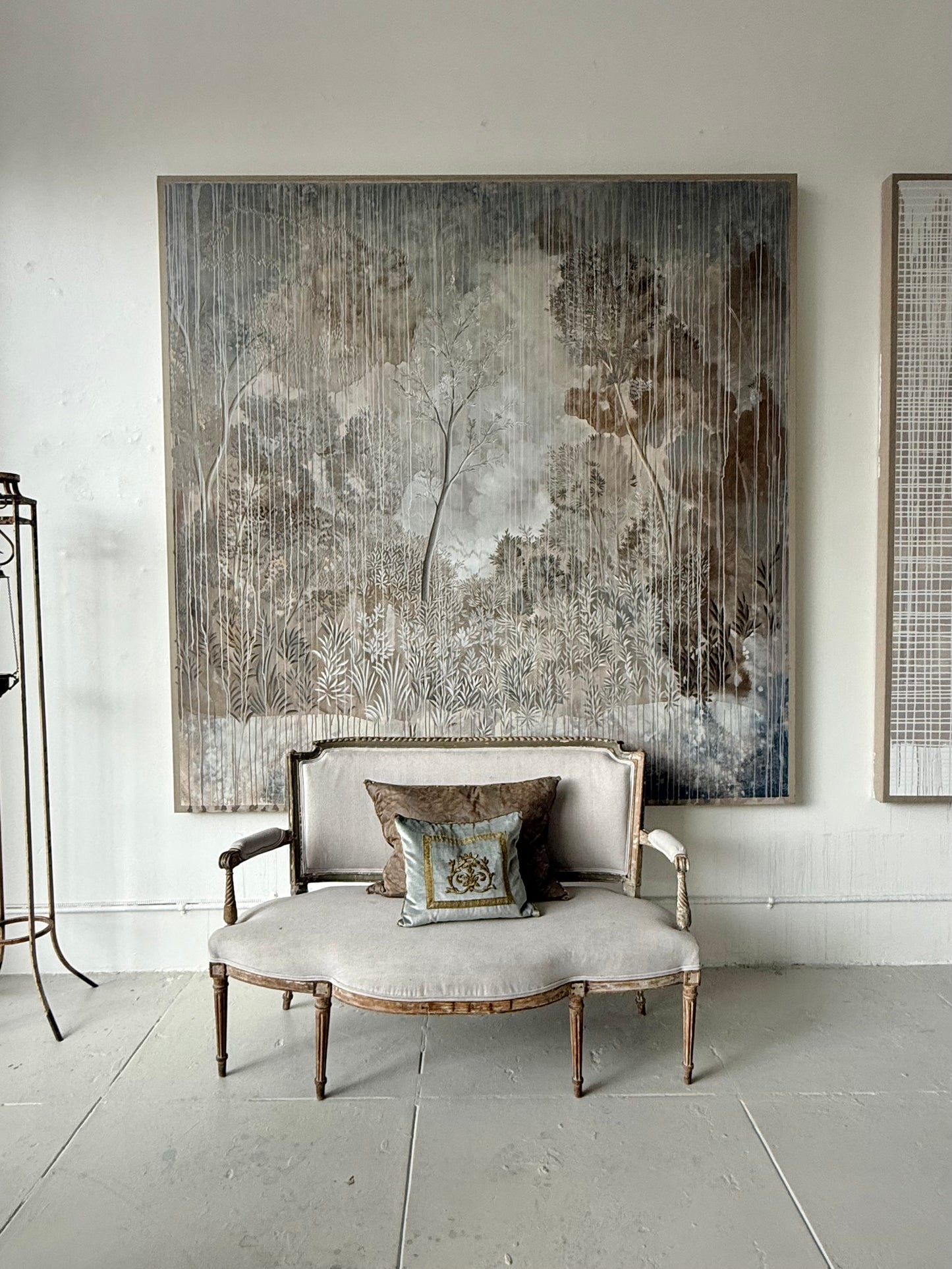 "Paradise" 84" x 84" detailed landscape in gray and beige tones
