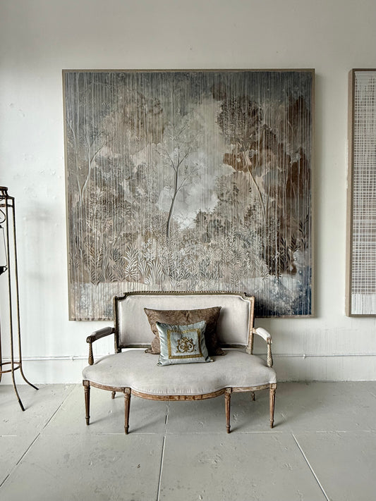 "Paradise" 84" x 84" detailed landscape in gray and beige tones