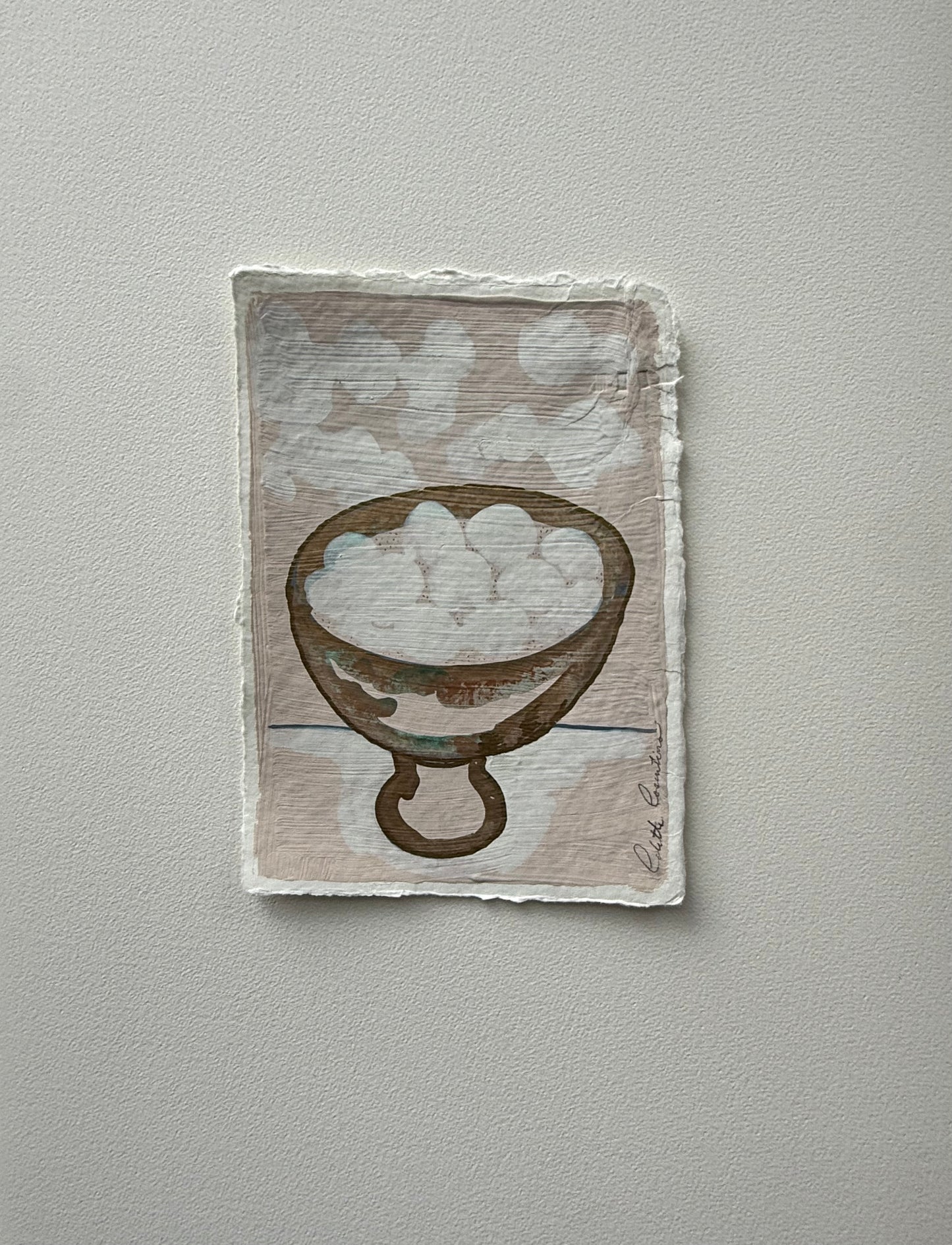 Painting of a bowl of White Eggs on handmade paper