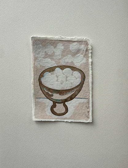 Painting of a bowl of White Eggs on handmade paper