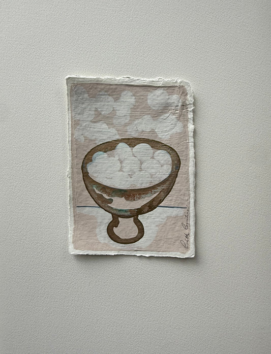 Painting of a bowl of White Eggs on handmade paper