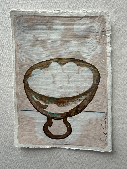 Painting of a bowl of White Eggs on handmade paper