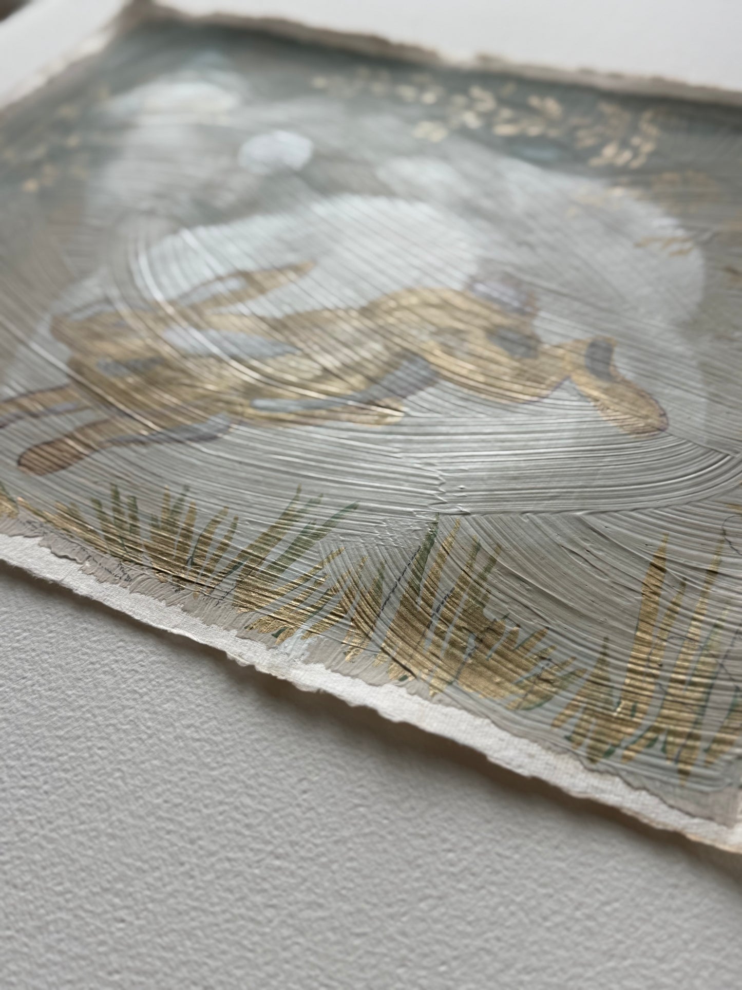 "Bounding Bunny" painting on handmade paper of a rabbit jumping